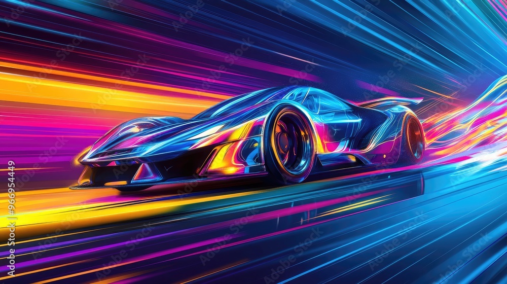 Aufkleber futuristic supercar with colorful speed rays, racing through a dynamic background full of energy and