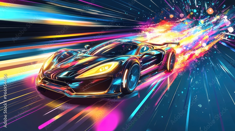 Aufkleber futuristic supercar with colorful speed rays, racing through a dynamic background full of energy and