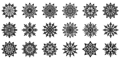 Snowflake icon. Set of thin line snowflake icons. Christmas decor. Black drawn snowflake. Snowflakes template. Vector illustration.