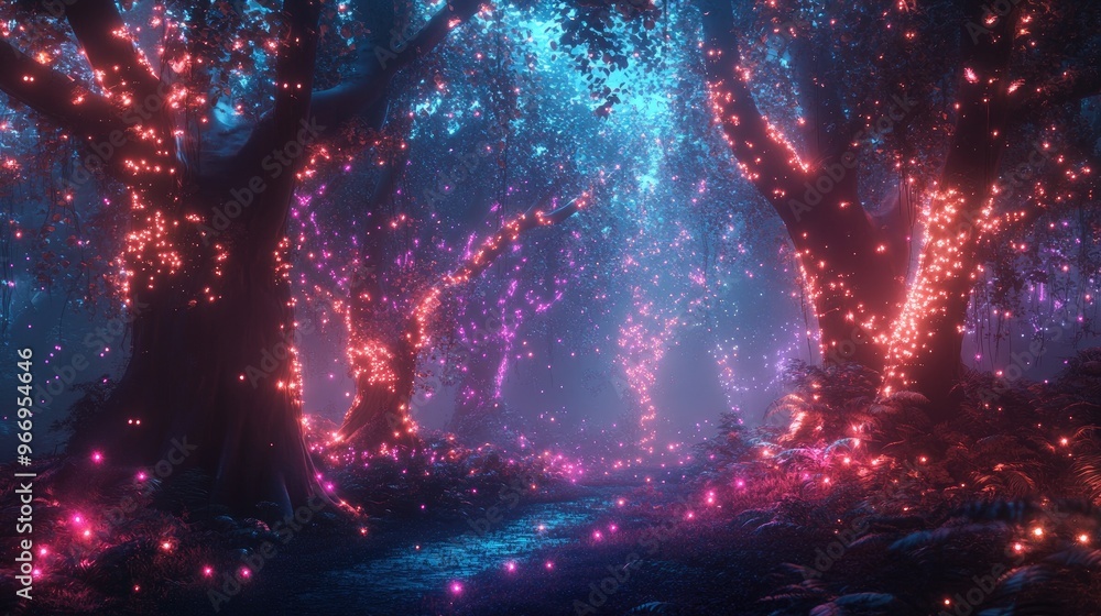 Poster magical forest bathed in neon lights, creating a dynamic fairy tale setting in a dreamlike landscape