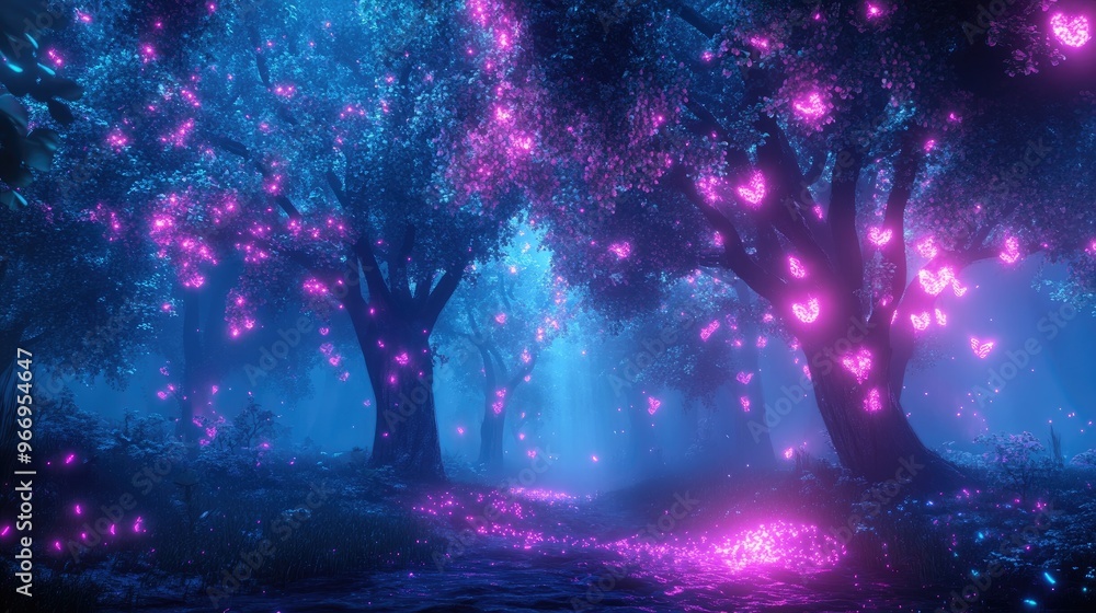 Poster magical forest bathed in neon lights, creating a dynamic fairy tale setting in a dreamlike landscape