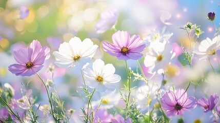 Soft Pastel Pink and White Cosmos Flowers in a Field