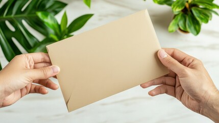 Fototapeta premium Beige Envelope Mockup in Hand on White Marble Background with Green Plants