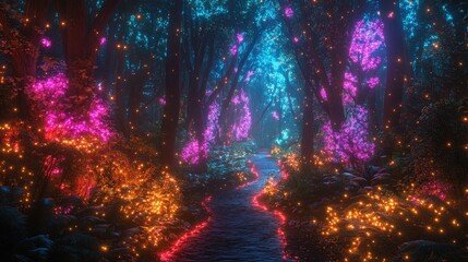 Fototapeta premium Mystical forest bathed in neon lights, creating a vibrant fairy tale scene in a dynamic, dreamlike landscape of glowing trees and enchanted paths