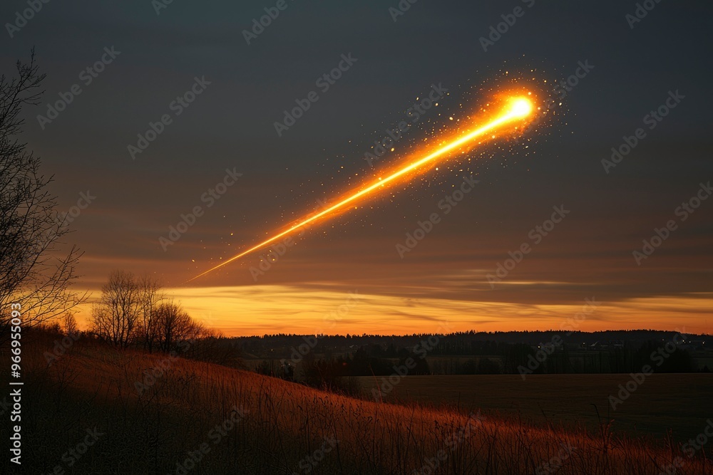 Wall mural a fiery meteor streaks across the evening sky with a trailing spark