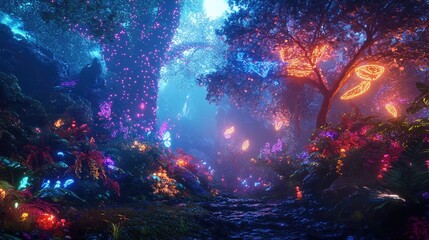 Fototapeta premium Neon lights glowing in a mystical forest, casting a fairy tale-like glow across a dynamic dreamlike landscape of enchanted trees and foliage