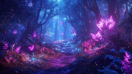 Fototapeta premium Neon lights glowing in a mystical forest, casting a fairy tale-like glow across a dynamic dreamlike landscape of enchanted trees and foliage