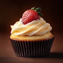 mouthwatering vanilla cupcake topped with rich buttercream frosting and a fresh strawberry, beautifully presented on a warm background.