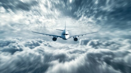 Obraz premium Plane in flight with white-light grey speed streaks, soaring across a dynamic, realistic sky backdrop filled with clouds and motion