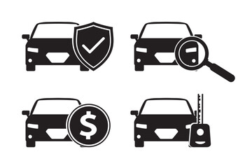 Set of modern cars with shield, key, magnifying glass and dollar coin. Collection of black auto icon symbols. Vehicle with alarm. Transport protection, security, auto dealer.