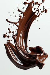 dynamic splash of glossy, melted chocolate against a white background, capturing the fluid and rich texture of chocolate in motion.