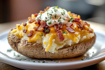 Loaded baked potato with cheese, bacon, and sour cream