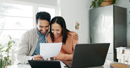 Kitchen, couple and hug with laptop for finance, track expenses and success for budget goals....