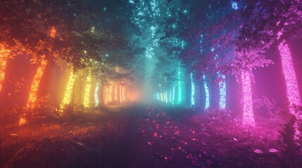 Fototapeta premium Shining neon lights casting a vibrant glow in a fairy tale forest, set in a dynamic dreamlike landscape of glowing trees and mist