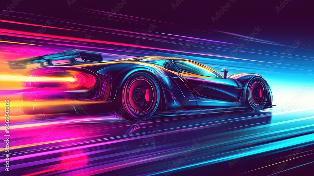 Poster supercar with colorful speed rays cutting through the air, set against a dynamic futuristic backdrop