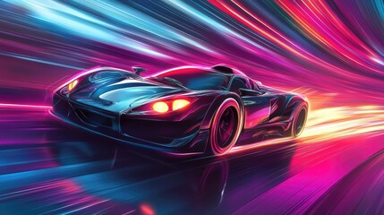 Supercar with glowing speed rays, racing across a colorful futuristic background, captured in a dynamic vector illustration