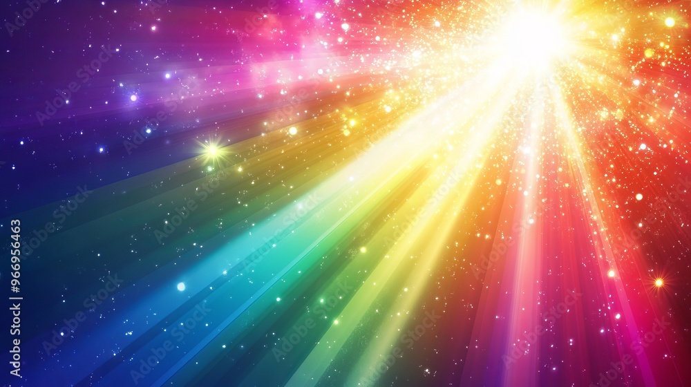 Wall mural A colorful rainbow effect shines through a prism, creating sparkling diamond-like flares. This is a vector background with a shimmering, sun-like glow.