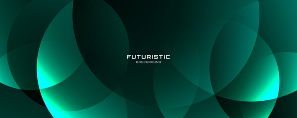 Green abstract background overlap layer on dark space with glowing circles effect decoration. Modern graphic design element with cutout shape concept for web, poster, flyer, card, cover, or brochure