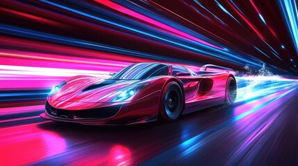 Vibrant supercar racing with bold speed rays, set against a dynamic futuristic backdrop, creating a sense of fast-paced motion