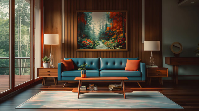 A living room with blue sofa wooden table and wall painting in retro home interior design. Cozy empty house with big window