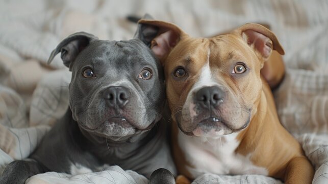 Pit Bull Pals: Adorable Duo Resting Together on Bed - Top View