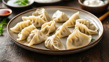 Primer plano de dumplings caseros, adornados con eneldo fresco, resaltando los pliegues detallados de la masa.