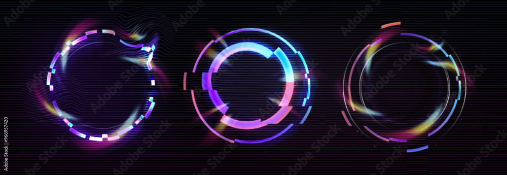 Aufkleber circle frame with glitch and neon glow effect. digital round geometric light border with vintage vhs