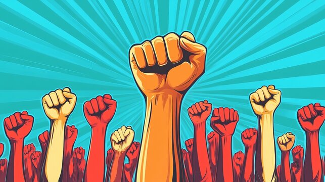 A raised fist, a symbol of power and resistance, represents a crowd of people united in their fight for change. This retro illustration depicts a strong, passionate group demanding justice and equalit