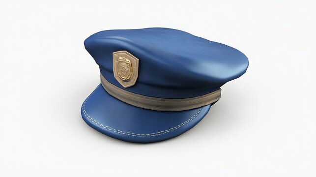 A realistic drawing of a blue police officer's cap, isolated against a white background. The cap features a badge and is designed for 3D use.