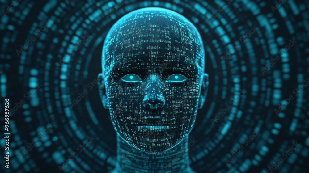 Poster Digital Human Face with Binary Code.