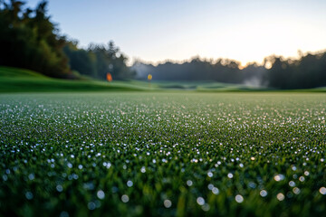 Early morning golf game with dew on the grass