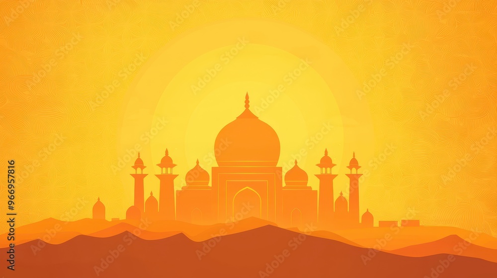 Wall mural Golden Sunset over Mosque in Desert Landscape