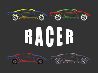 Set of racing cars with Racer text, vector illustration, banner, flyer, printable,