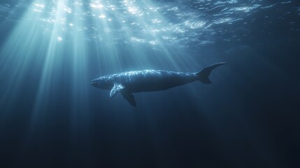 Fototapeta premium A friendly blue whale swimming through a deep ocean, sunlight filtering down