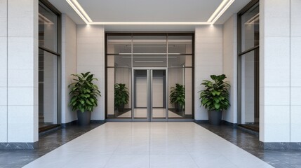 Modern Building Entrance with Glass Doors and Plants.