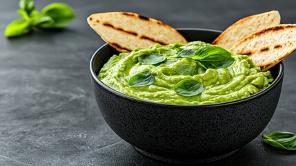 Obraz premium Green Avocado Dip with Toasted Bread and Basil Garnish