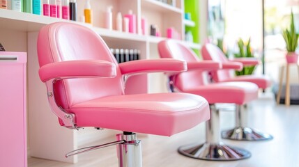 Pink salon chairs in a modern salon.