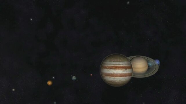 Animation depicting the Solar System. Sun, Mercury, Venus, Earth, Mars, Jupiter, Saturn, Uranus, Neptune.