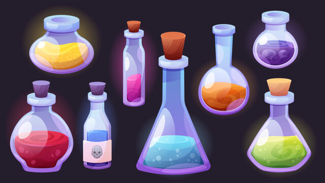 Set of glass chemical flasks. Jars, test tubes, containers with chemical reagents for laboratory. Vector elements on white background