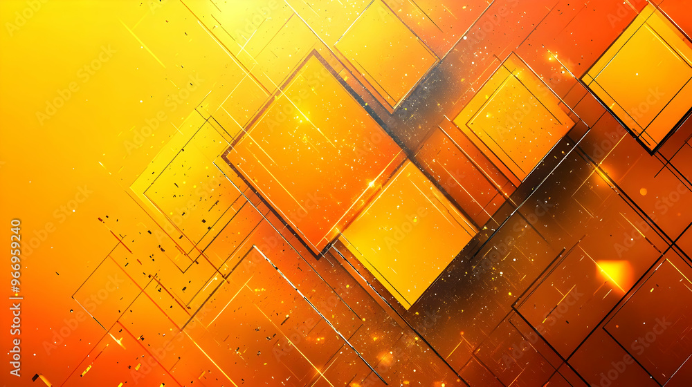 Poster abstract design featuring orange and yellow geometric shapes with a sparkling effect.