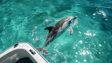 A playful dolphin swimming alongside a boat with crystal-clear water