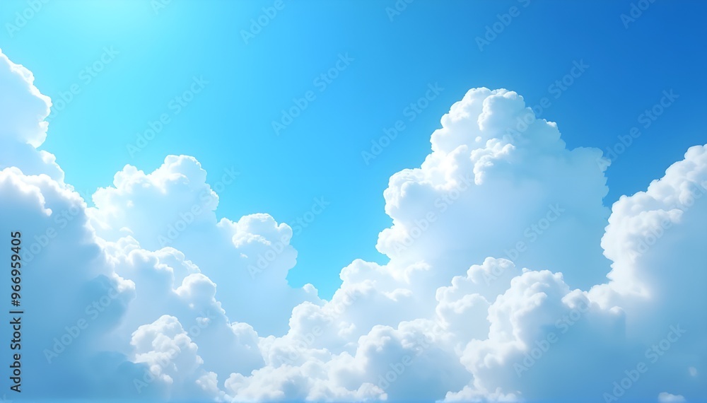 Wall mural blue sky with white clouds and sun, clear blue sky sunny clouds background wallpaper, serene weather