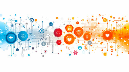 Obraz premium Abstract graphic representing technology, health, and innovation through colorful icons and connections.