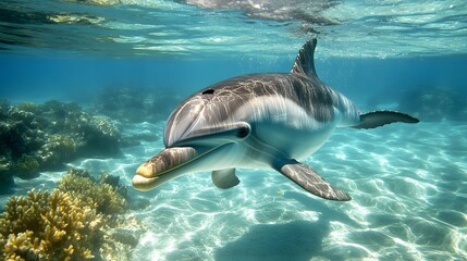 A playful dolphin swimming in crystal-clear water with coral beneath