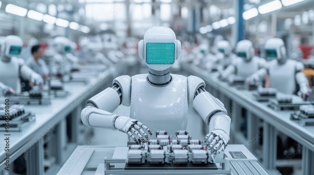 Poster Robots Working on Assembly Line in Factory.