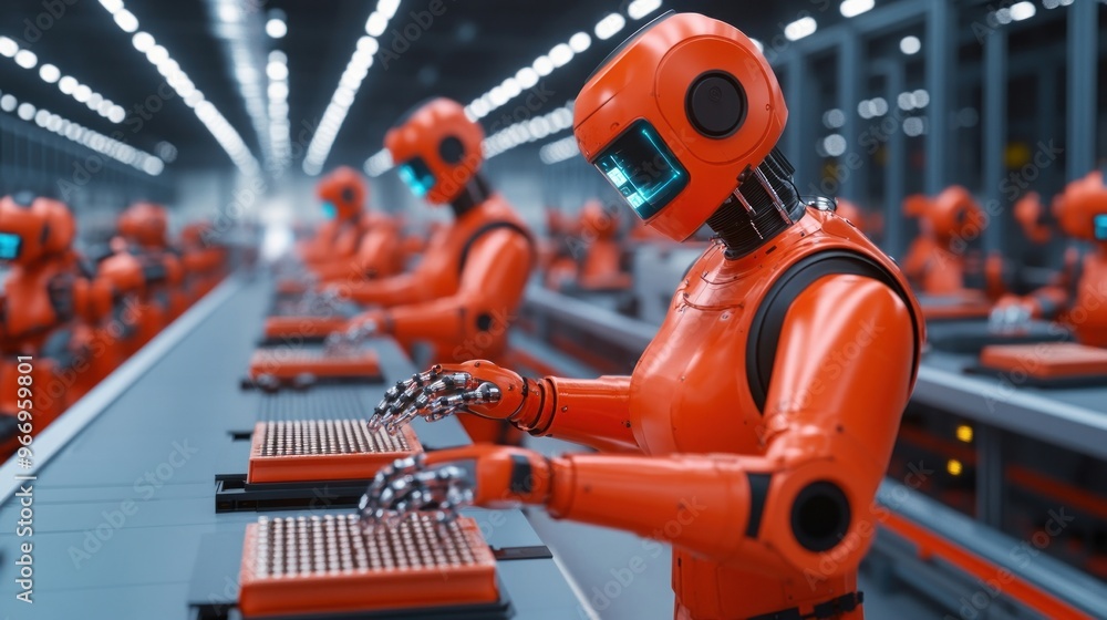 Poster robotic assembly line workers.