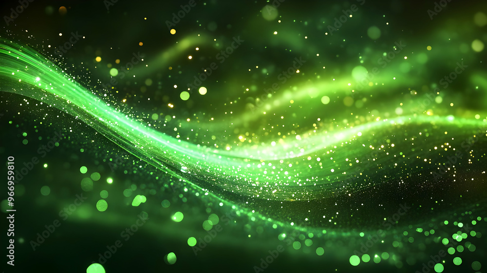Poster abstract green wave with glowing particles, creating a dynamic visual effect.