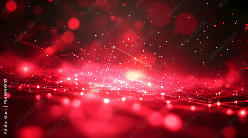 Poster abstract red background with glowing particles and geometric lines.
