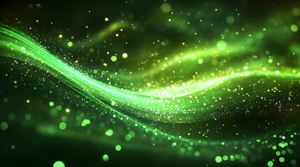 Abstract green wave with glowing particles, creating a dynamic visual effect.