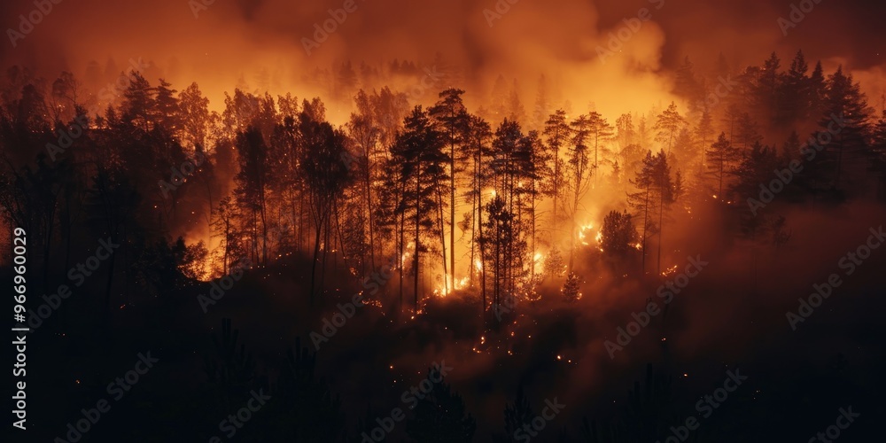 Poster Nighttime forest fire engulfing trees